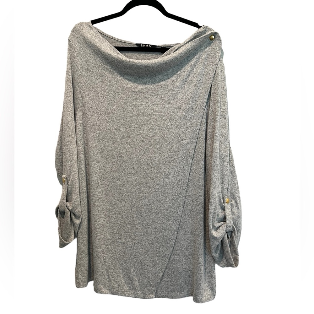 IMAN Gray Tunic Top Drape Neck Crossover Gold Buttons Very Soft NWT Size 1X